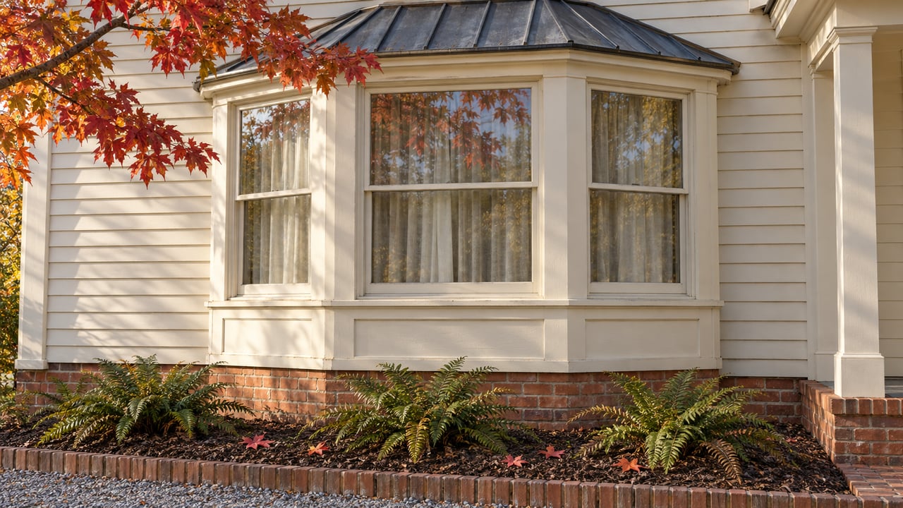 Ivory clapboard window bay above a weathered brick foundation, framed by red maple leaves and evergreen ferns.