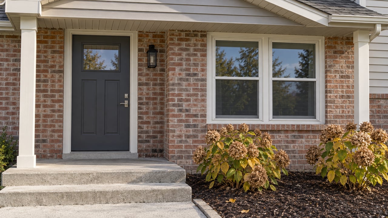 Covered entry of a brick-and-gray-siding home with a charcoal door, paired windows, concrete steps and dried hydrangea flowers.