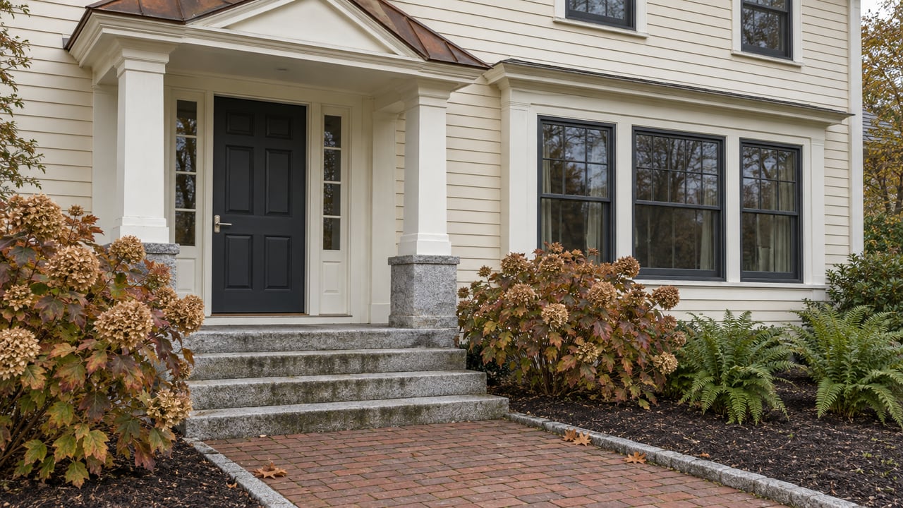Ivory clapboard home with a charcoal entry door, granite steps, brick approach and russet oakleaf hydrangeas in soft autumn daylight.