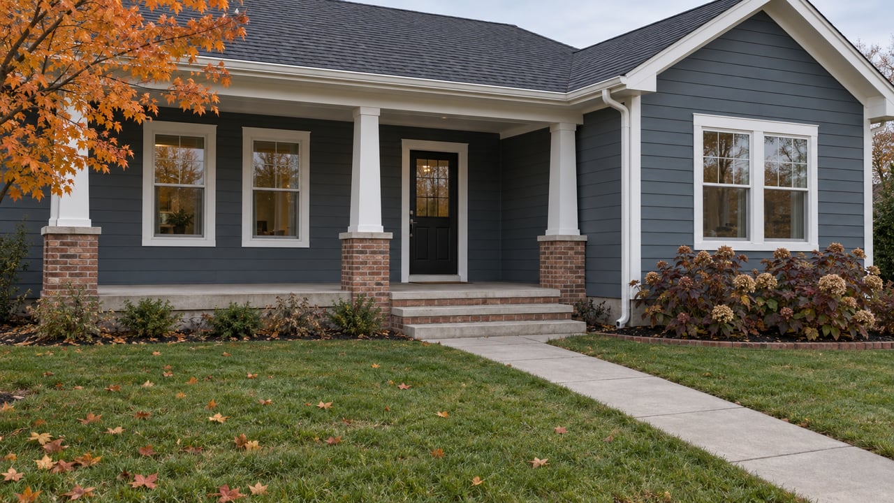 Blue-gray gabled home with white porch trim, a concrete front walk, and an autumn lawn.