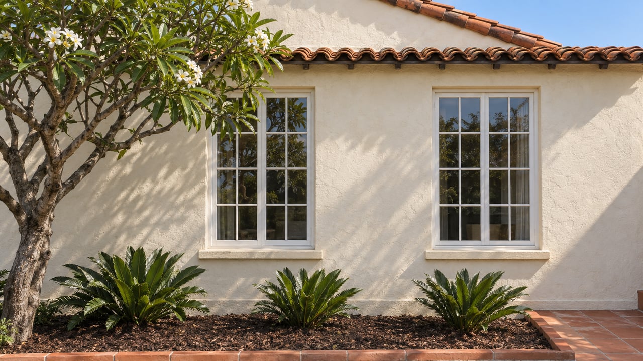 Cream-stucco cottage with two white casement windows, a red clay-tile roof, and a flowering plumeria beside a terracotta garden walk.
