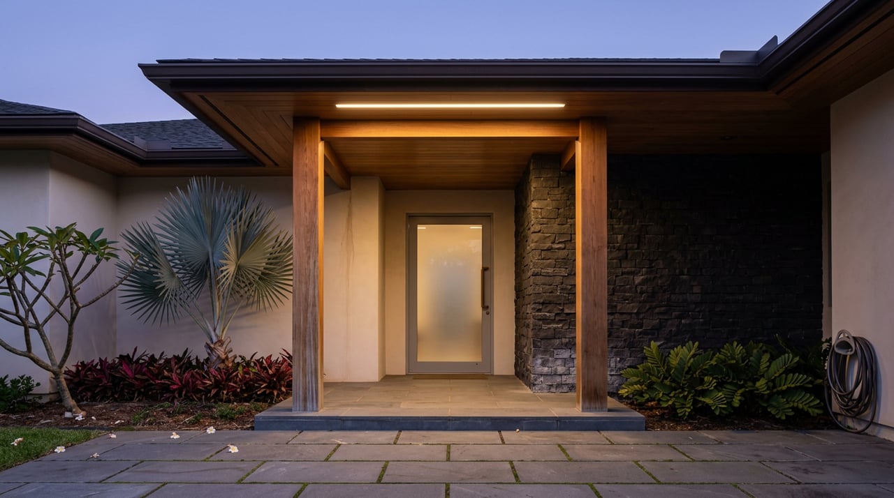 Dusk-lit portico with teak posts, a frosted-glass door, basalt wall, and silver-blue palm fronds.