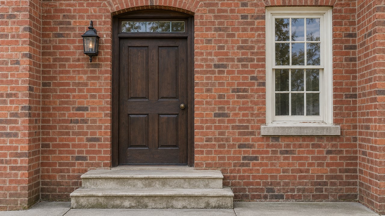 Close view of a red-brick home’s arched oak entry, ivory sash window and gently worn limestone steps.