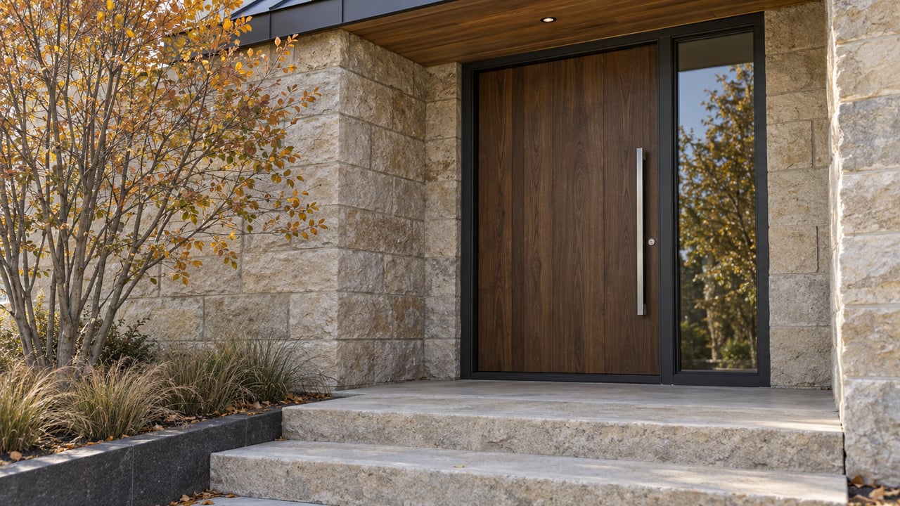 Recessed walnut entry door with steel pull, narrow sidelight, limestone walls and steps beside ochre-leaved serviceberry.