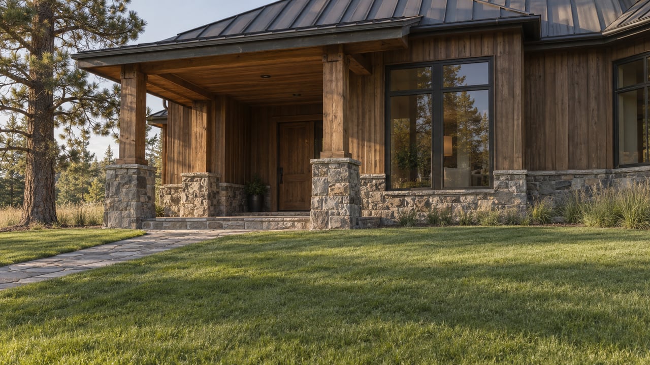 A timber-sided acreage home with a deep stone porch, tall windows, and a paver path across the lawn.