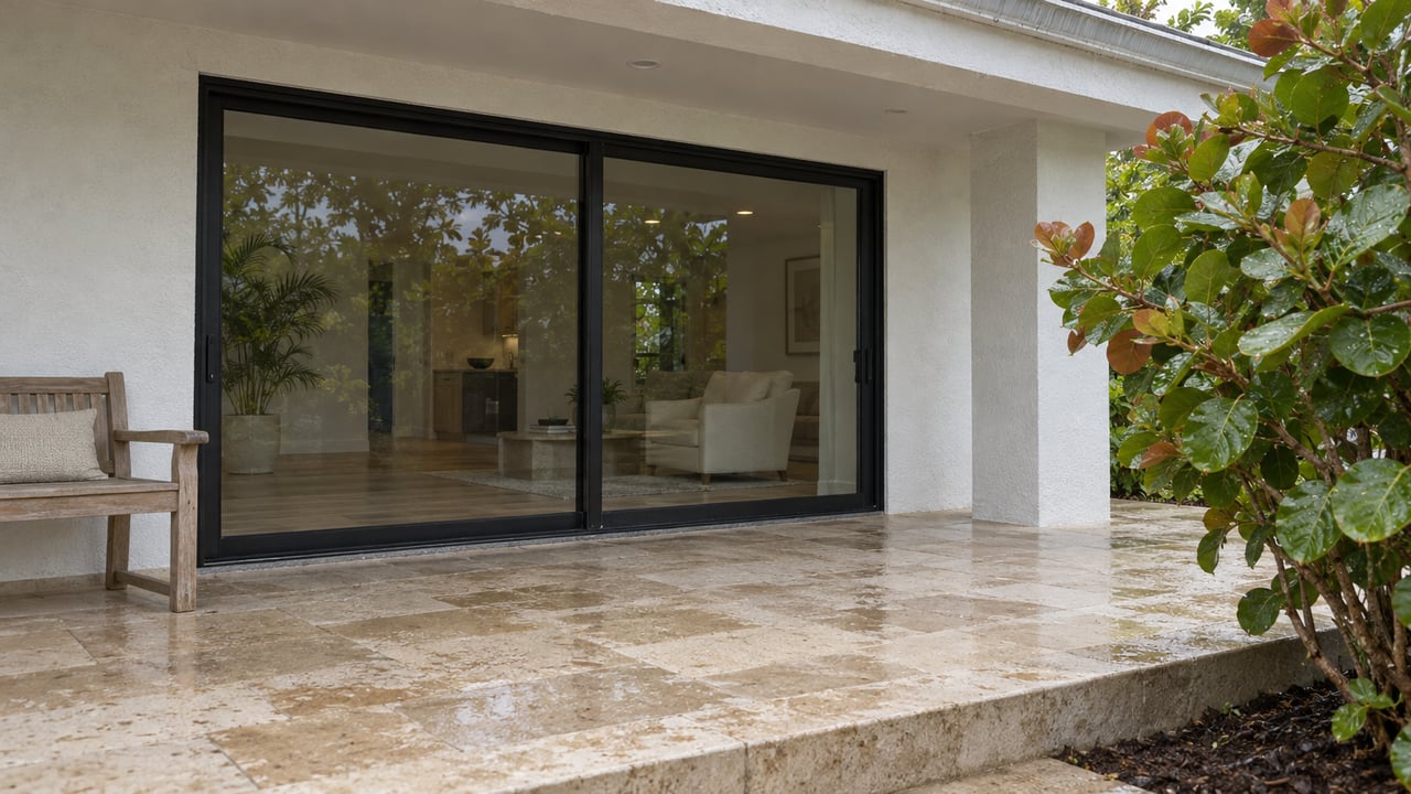 Covered terrace with weathered limestone paving, white stucco walls, closed black-framed glass doors and a sea grape tree beside a raised garden curb.