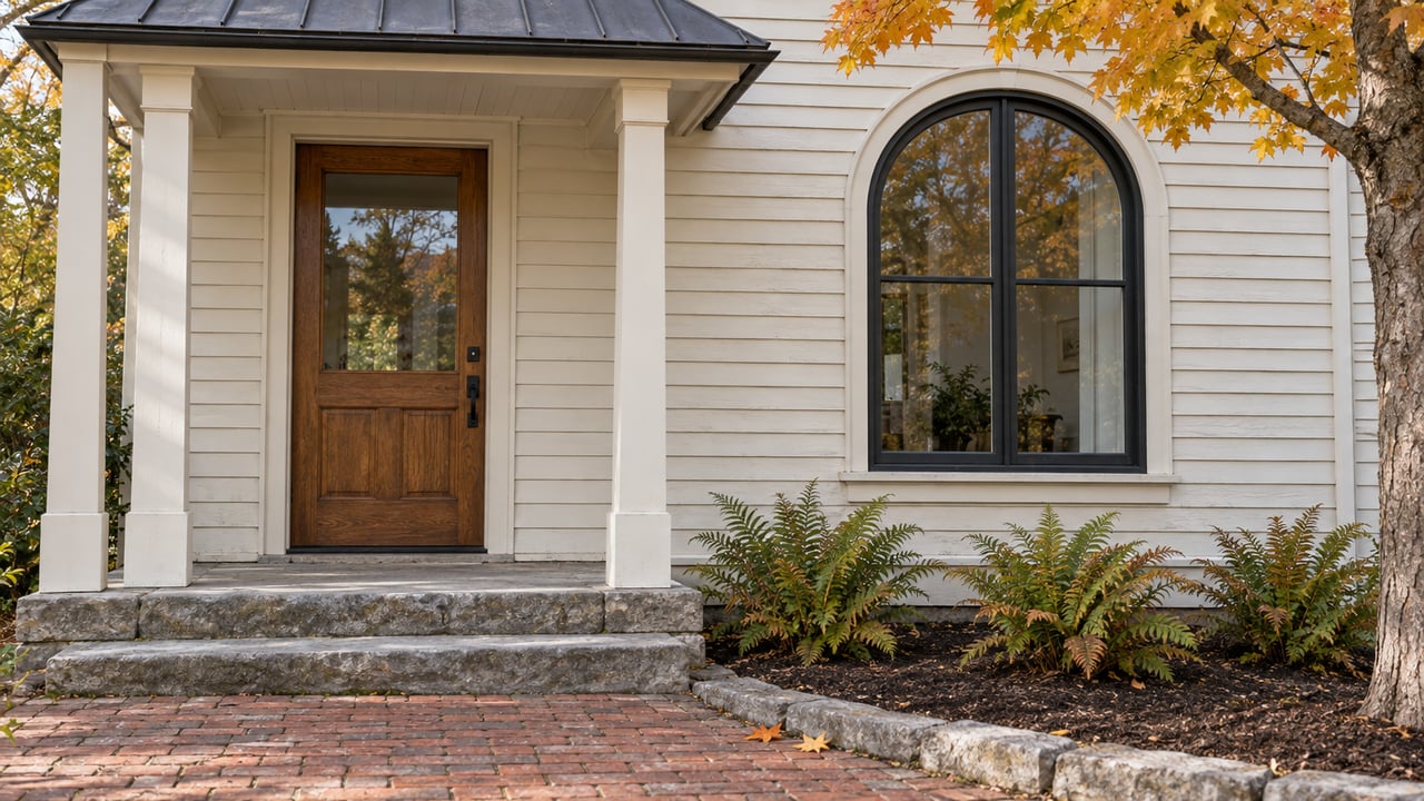 Ivory wood-clad house with an oak entry door, black arched window, limestone steps and autumn maple foliage.