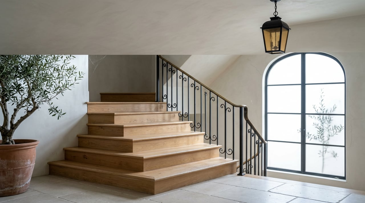 Switchback staircase with honey-toned oak treads, black iron balusters, and a potted olive tree by an arched window.