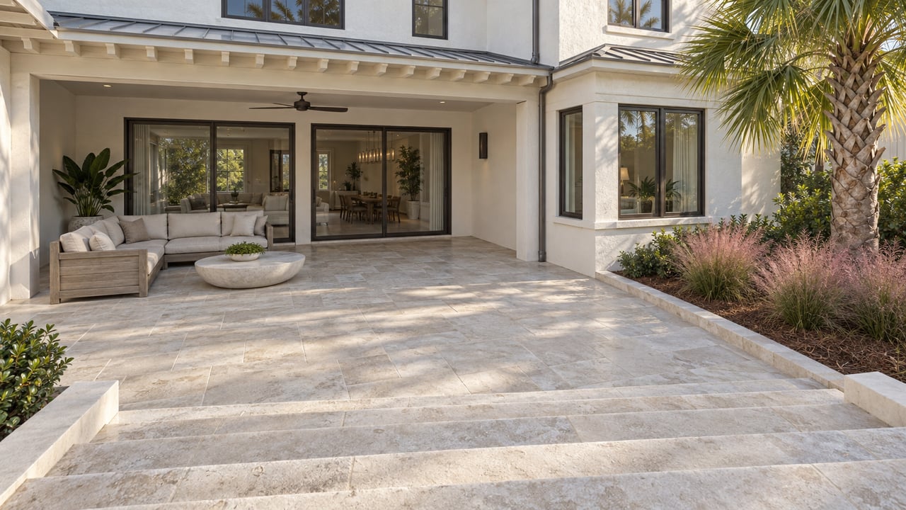 Elevated view across limestone steps toward a pale stucco waterfront home with a covered terrace, bronze-framed glass doors, teak seating and a sculptural palm.