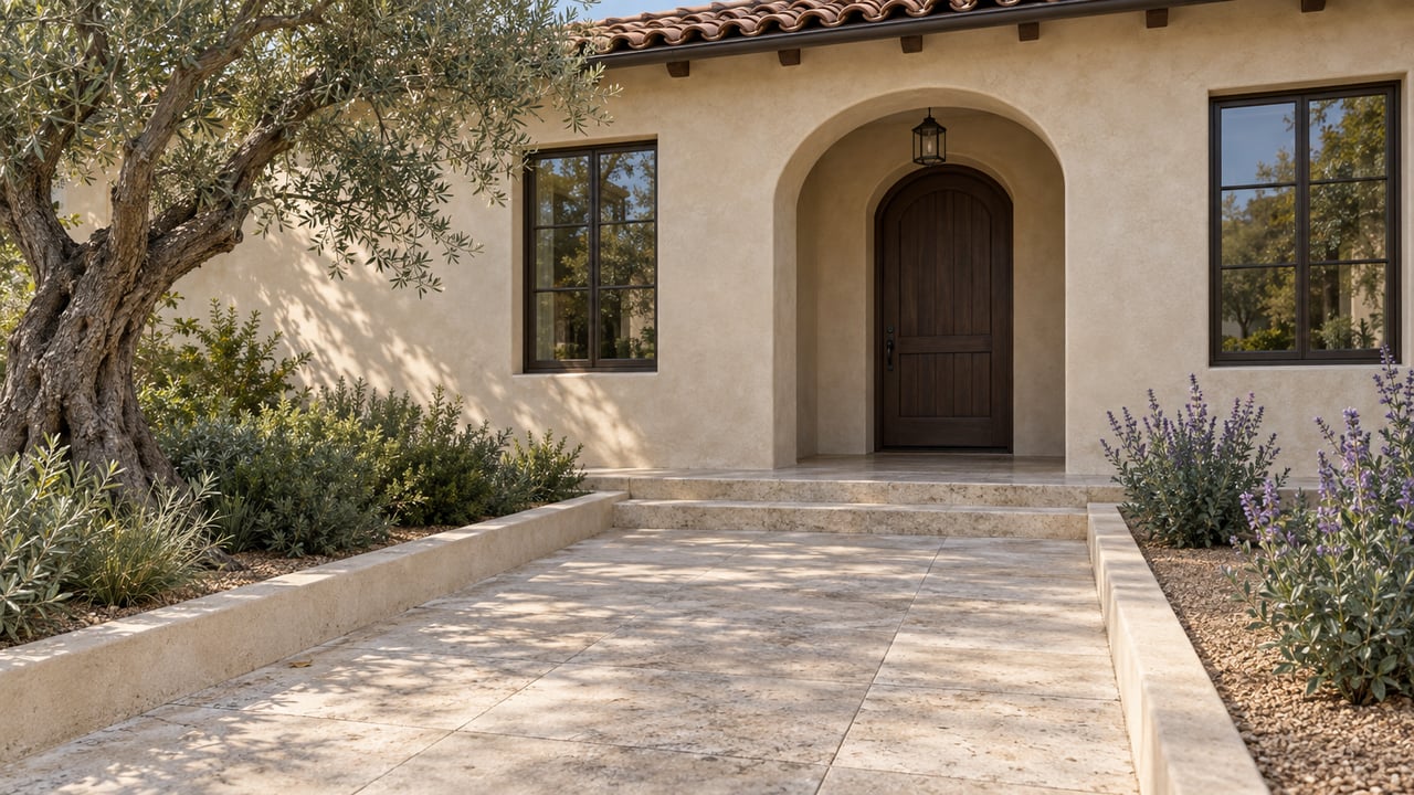 Sand-colored stucco home with an arched dark wood door, limestone path, and olive tree.