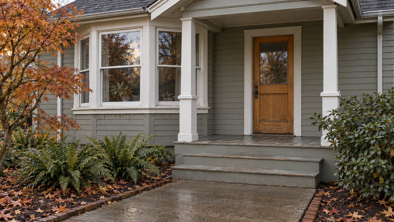 Gray-green timber house with a glazed bay window, covered wood porch, damp concrete path, and autumn maple beside native ferns.