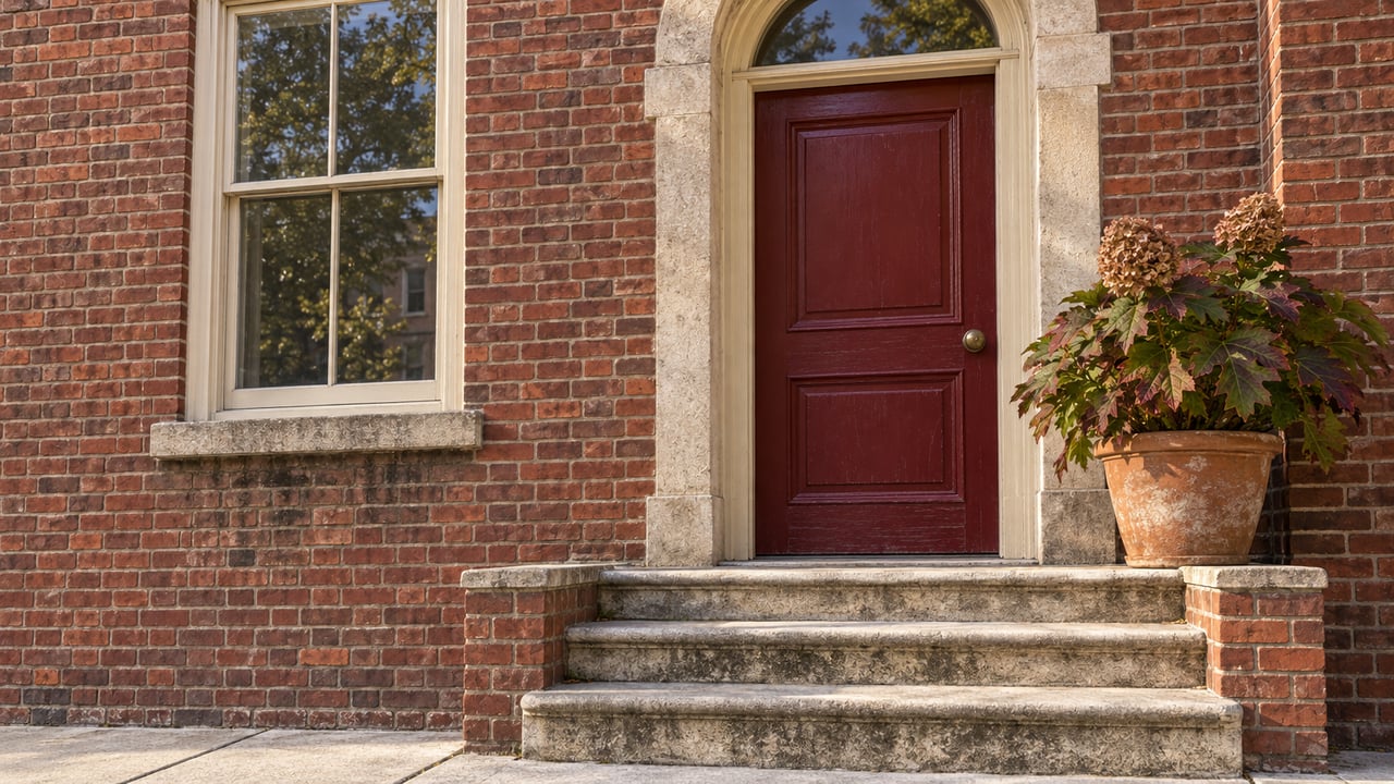 Red-brown brick townhome entry with an oxblood door, arched transom, limestone steps, and a potted oakleaf hydrangea in morning light.