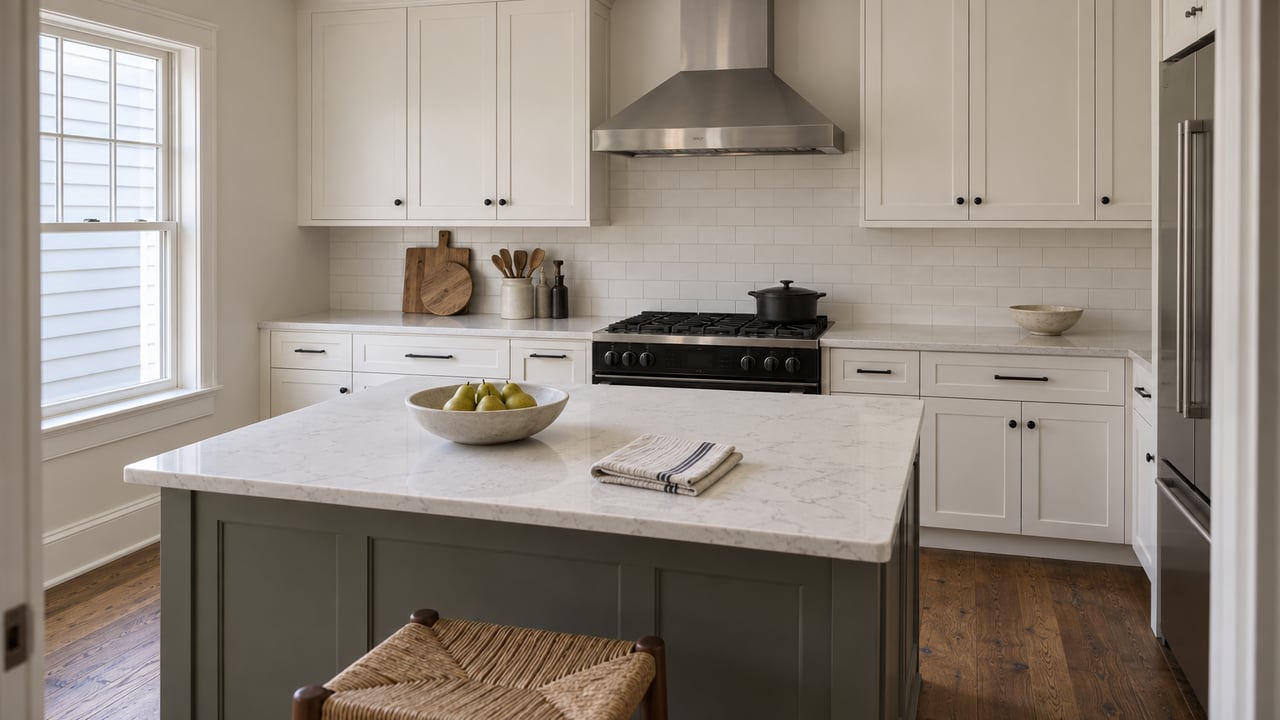 Enclosed kitchen with a compact quartz island, woven-seat stool, white cabinets, and black range.