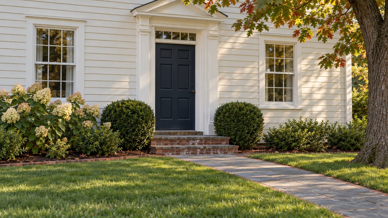 White clapboard house with a navy door, brick stoop, bluestone path, broad lawn, and oak branches overhead.