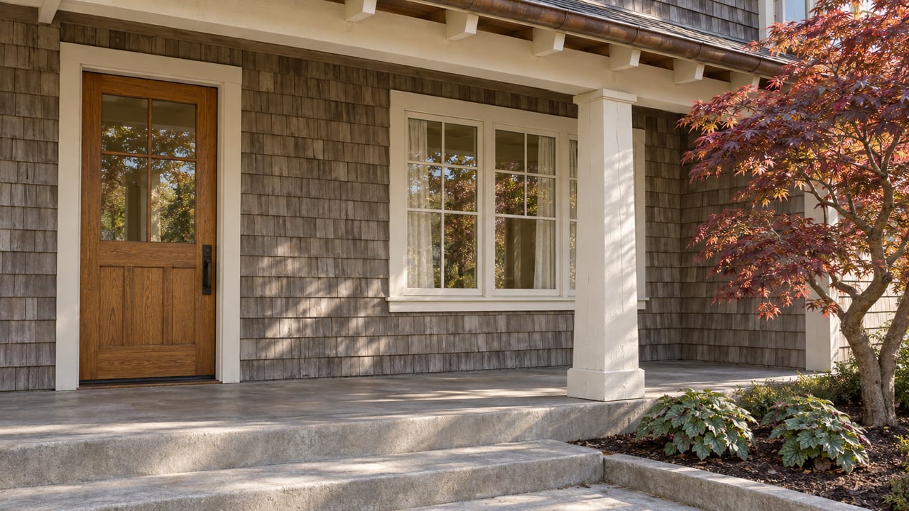 Weathered cedar-shingle home with a glazed oak entry, cream porch trim, broad concrete steps and a red-leaf Japanese maple.