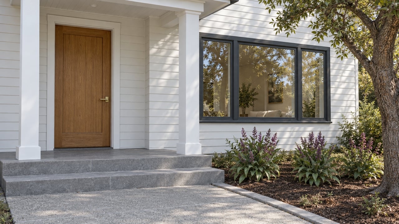 White clapboard home with a sheltered oak front door, charcoal window frames, gray stone steps and a mature live oak beside the approach.