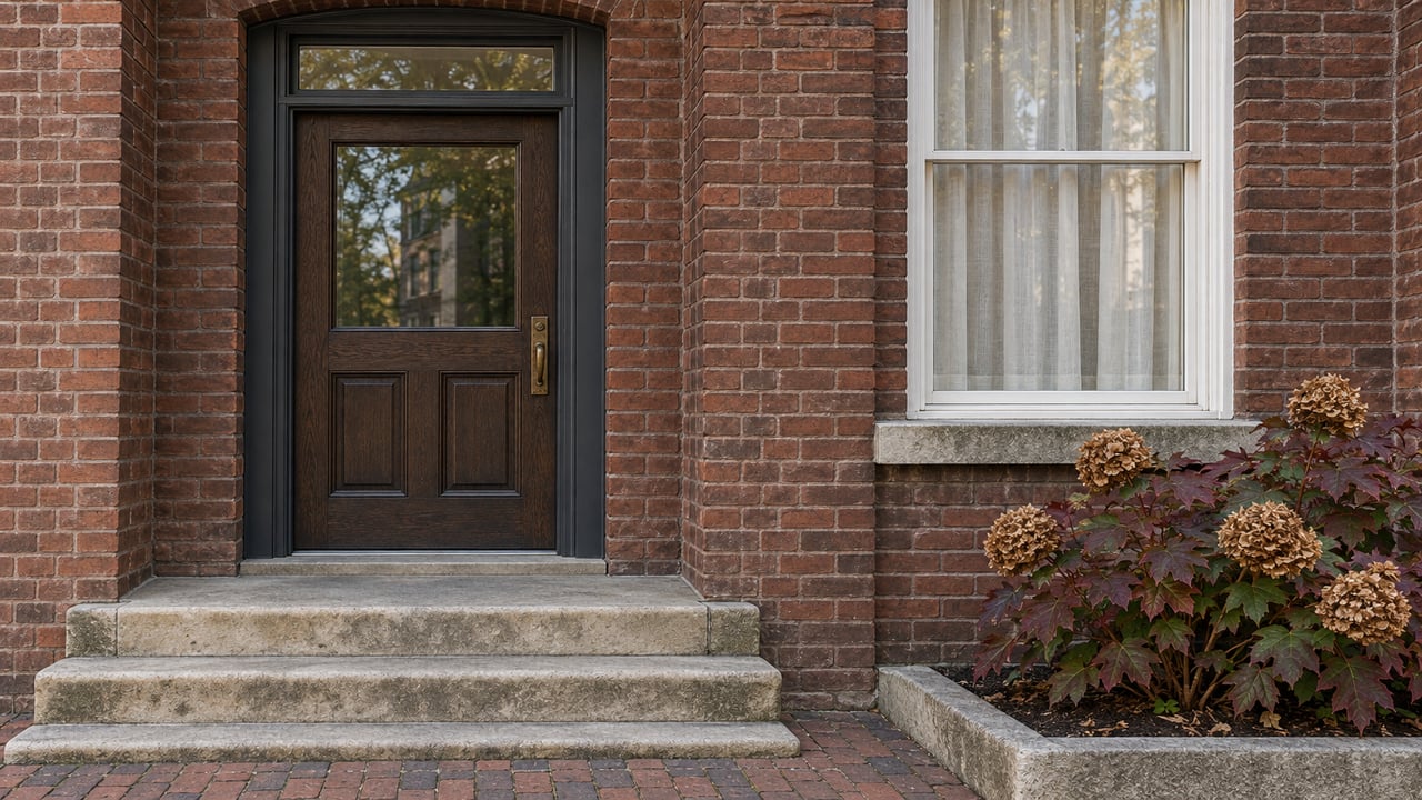 Russet brick residential entrance with a dark oak door, tall sash window, worn limestone steps, and oakleaf hydrangea.