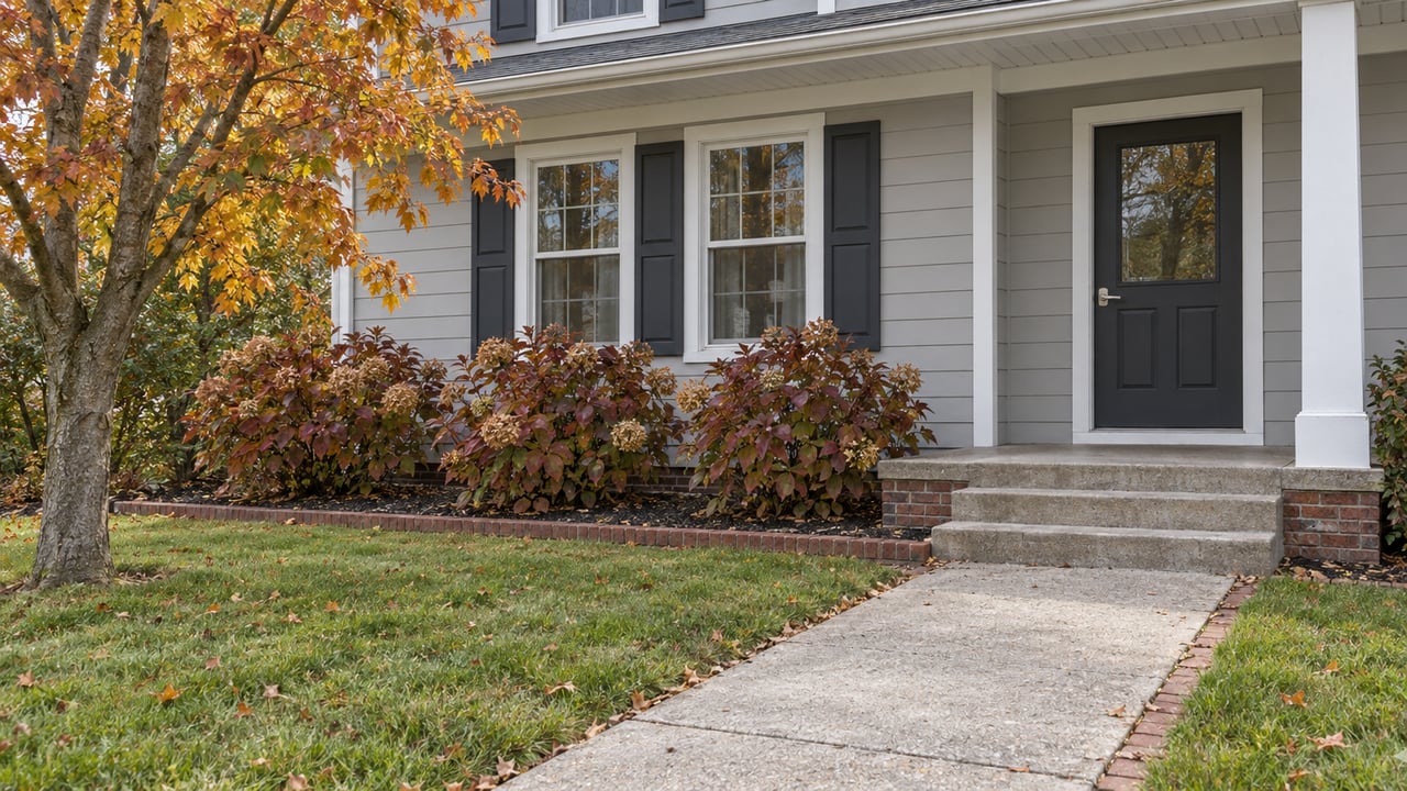 Pale gray traditional home with a charcoal front door, white-trimmed windows, brick-edged walk and autumn planting.