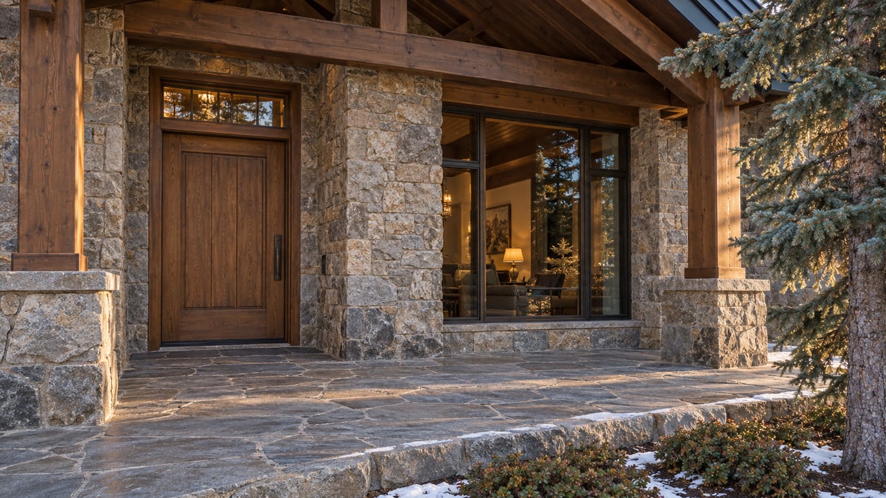 Timber-gabled stone home entrance with bronze-framed glazing, a quartzite landing and small snow remnants beside a mature spruce.
