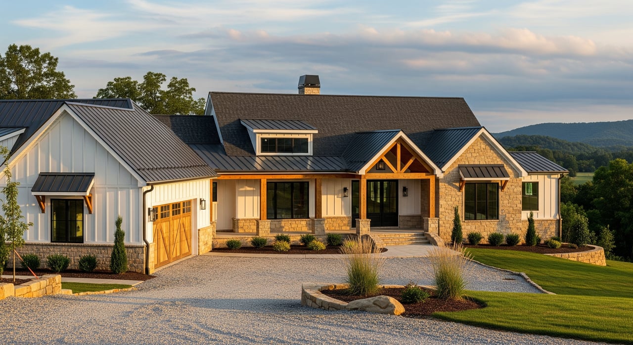 Modern farmhouse with dark gabled roofs, timber-trimmed entrance, and gravel driveway against a wooded hillside.