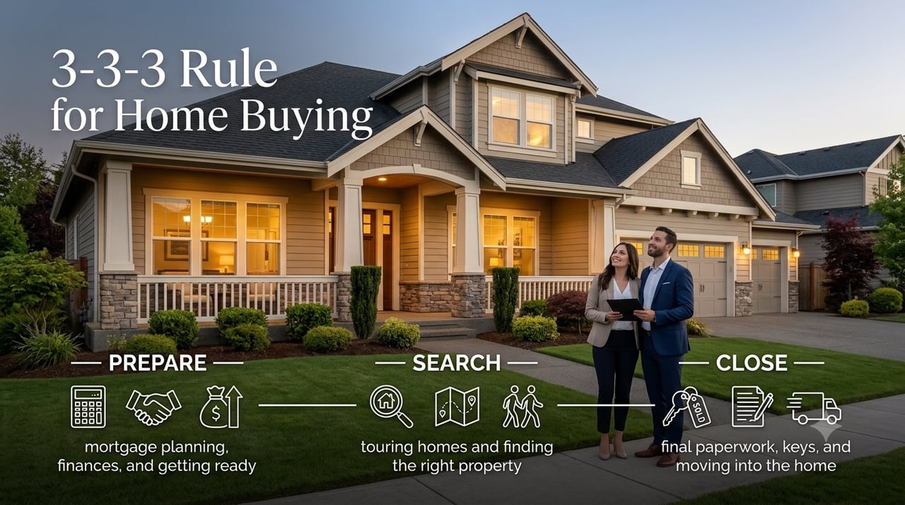 Modern home exterior with 3-3-3 Rule for Home Buying timeline showing prepare, search, and close steps.
