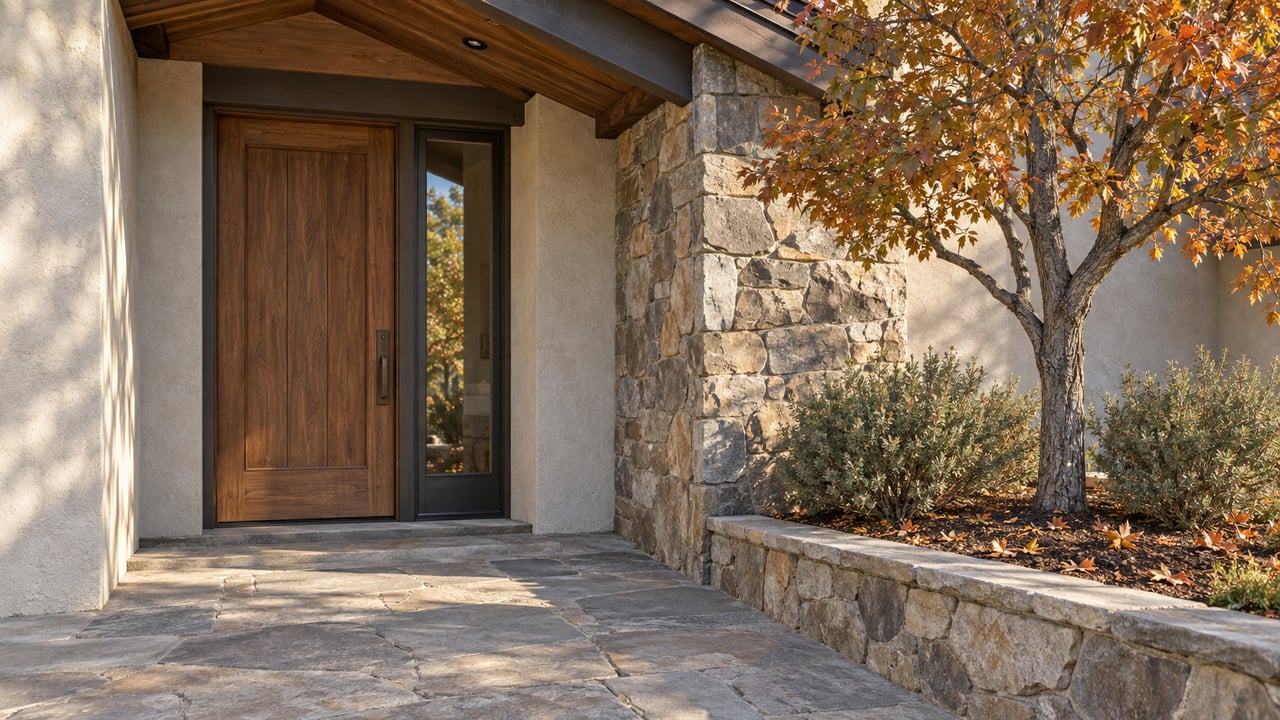 Recessed walnut front door beside a quartzite pier, with a copper-leaved oak in a raised stone bed.