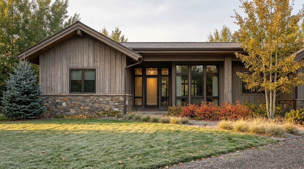 Mountain-contemporary home with weathered cedar siding and fieldstone base, framed by a frosty lawn and golden aspens.