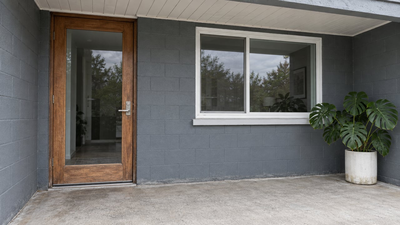 Covered entry with a wood-framed glass door, broad window, and potted monstera.