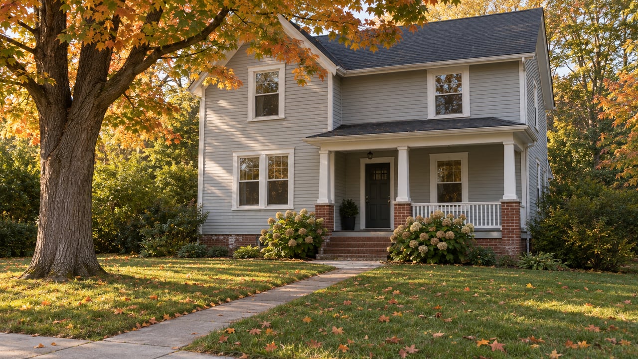 Two-story gray clapboard house with an open porch, autumn maple, and hydrangeas beside the walkway.