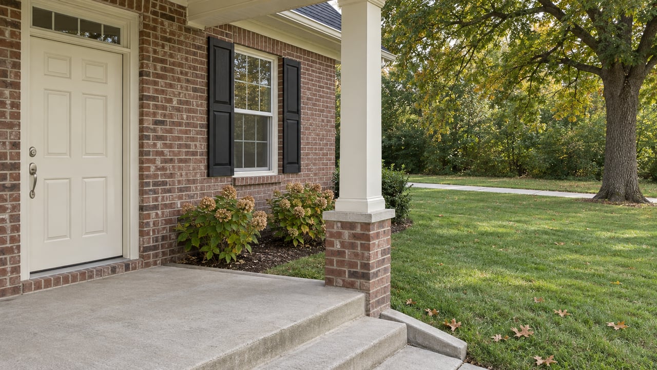 Brick home entry with cream portico, concrete steps and a deep autumn lawn beside an oak tree.