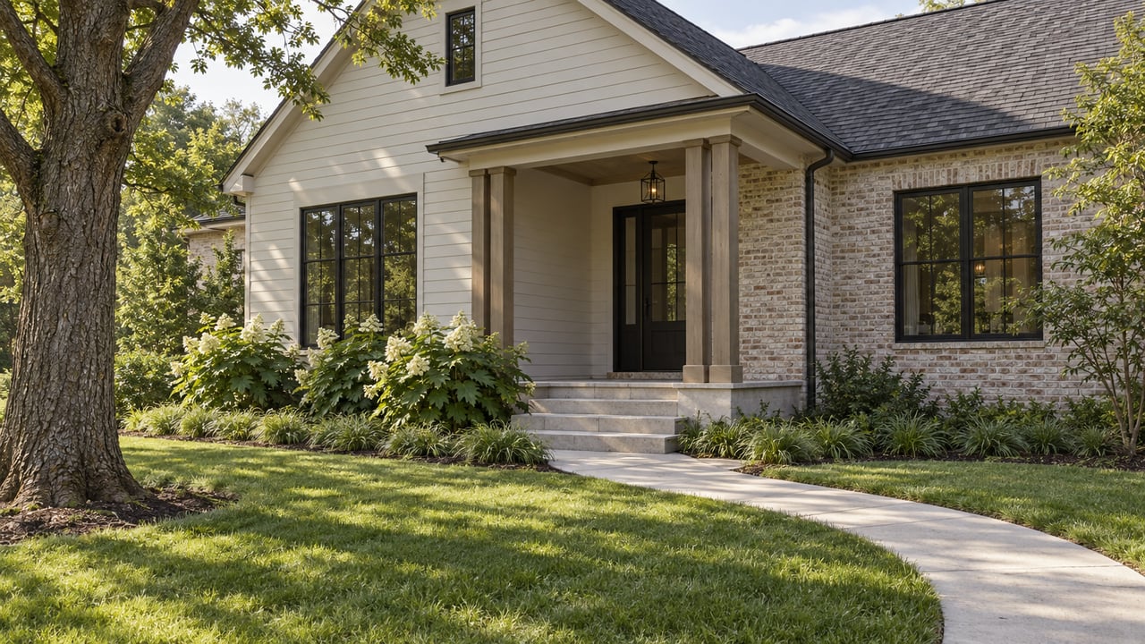 Detached house with off-white gable siding, pale brick, recessed porch, curved approach, lawn, and mature oak.