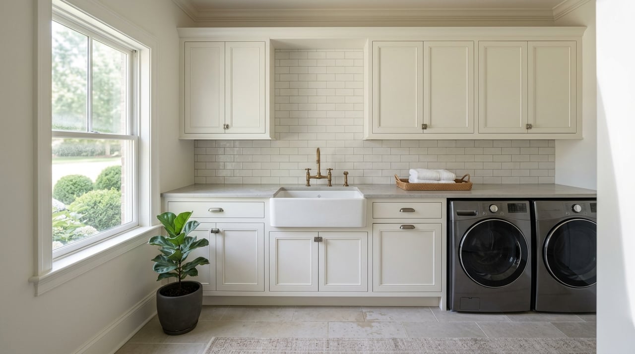 Interior view of a utility laundry room.