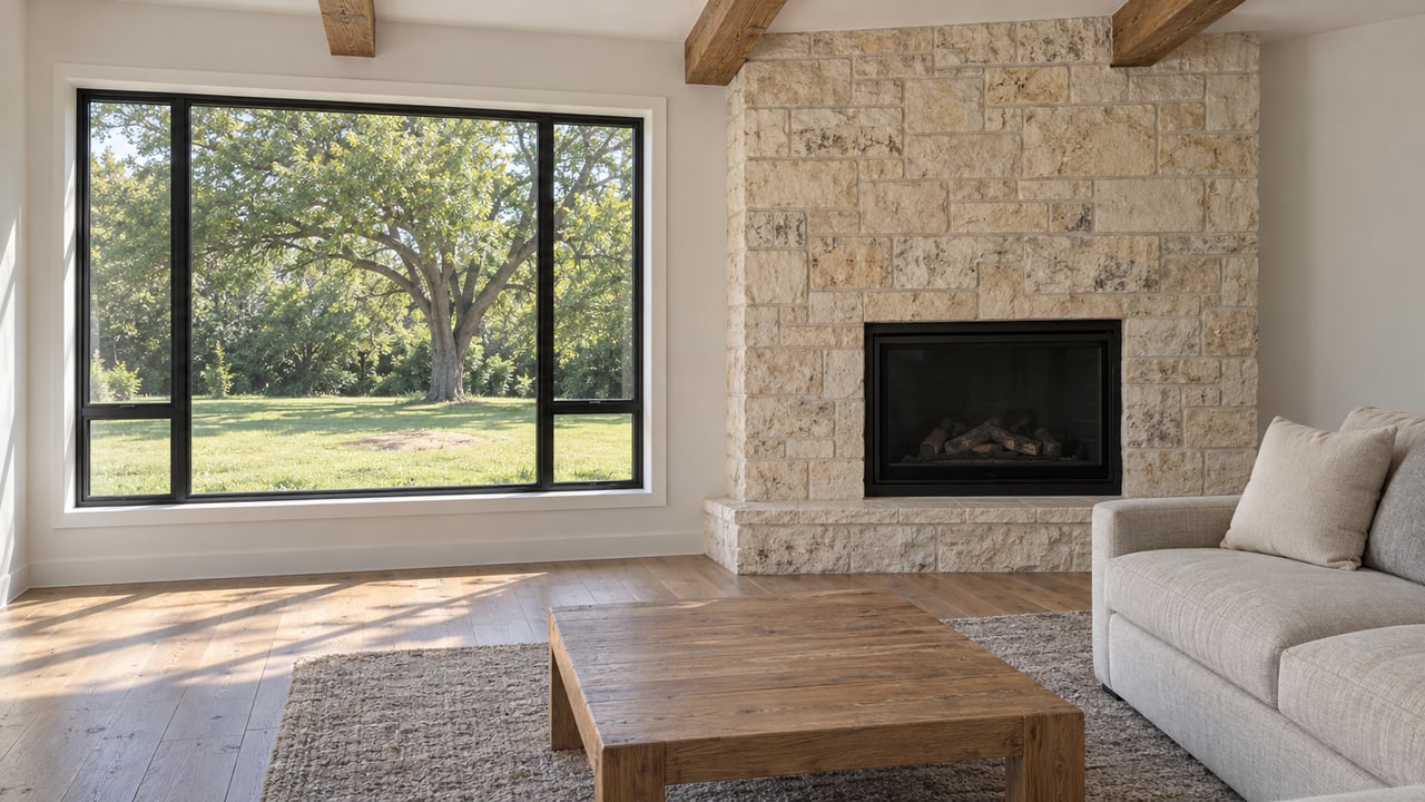 Sunlit living room with a limestone fireplace, oak beams, oatmeal sofa and a closed window overlooking a lawn and spreading oak.