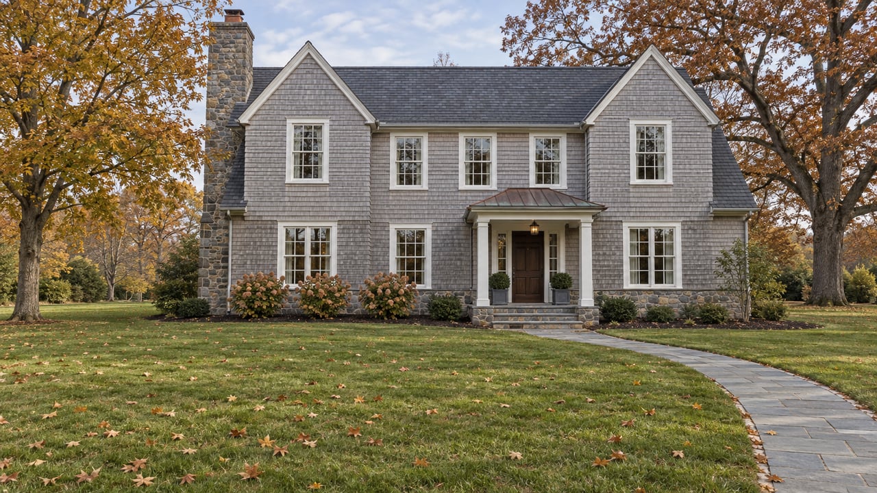 Silver-gray shingled home with slate gables, a stone chimney, and a long autumn lawn between mature amber and russet trees.