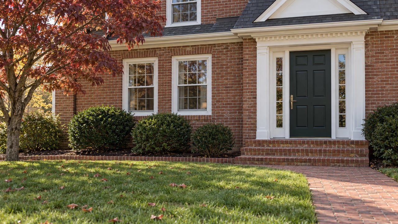 Established brick home with an evergreen front door, white-trimmed windows, brick entry steps and a dogwood beside the lawn.