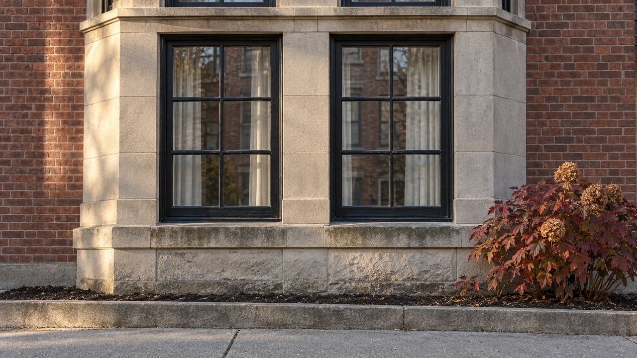 Two black-framed windows in a weathered limestone bay surrounded by red brick, with burgundy oakleaf hydrangea beside the sidewalk.