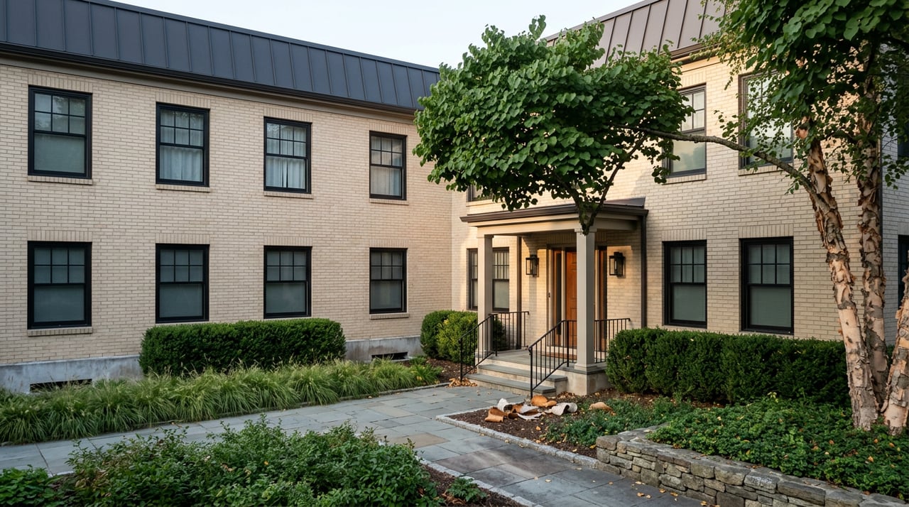 Three-story brick condominium with a covered entry, black windows, and a tree canopy above a planted courtyard.