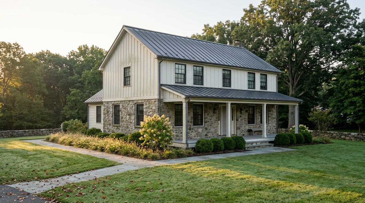 Farmhouse with fieldstone lower walls, white board-and-batten siding, charcoal roof, and a curved bluestone path.