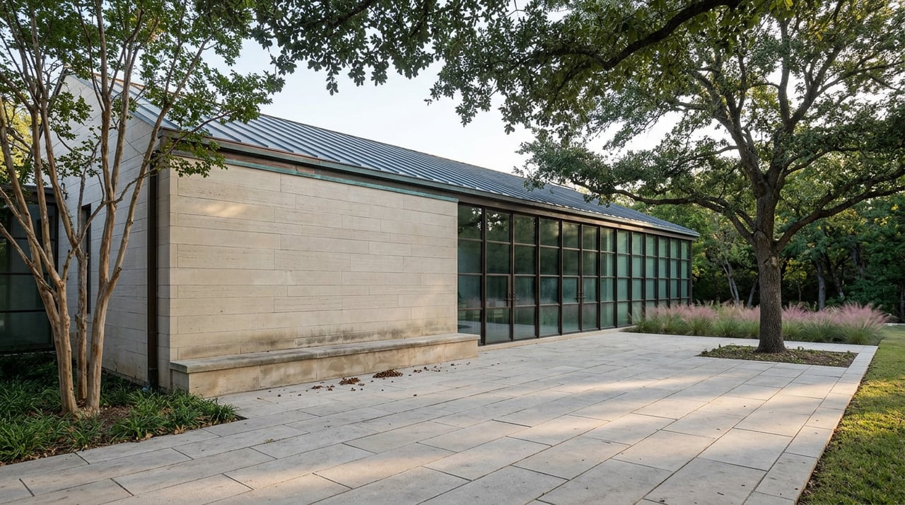 Limestone terrace beside a glass-and-stone home, with a built-in bench, live oak canopy, and pink muhly grass.