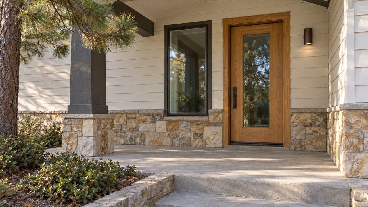 Covered home entry with an oak and glass door, pale lap siding, sandstone accents and a concrete porch beside bearberry planting.