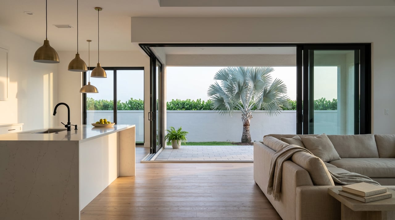 Coastal great room with a white quartz island, pale linen sofa, and open sliders to a palm-lined lanai.
