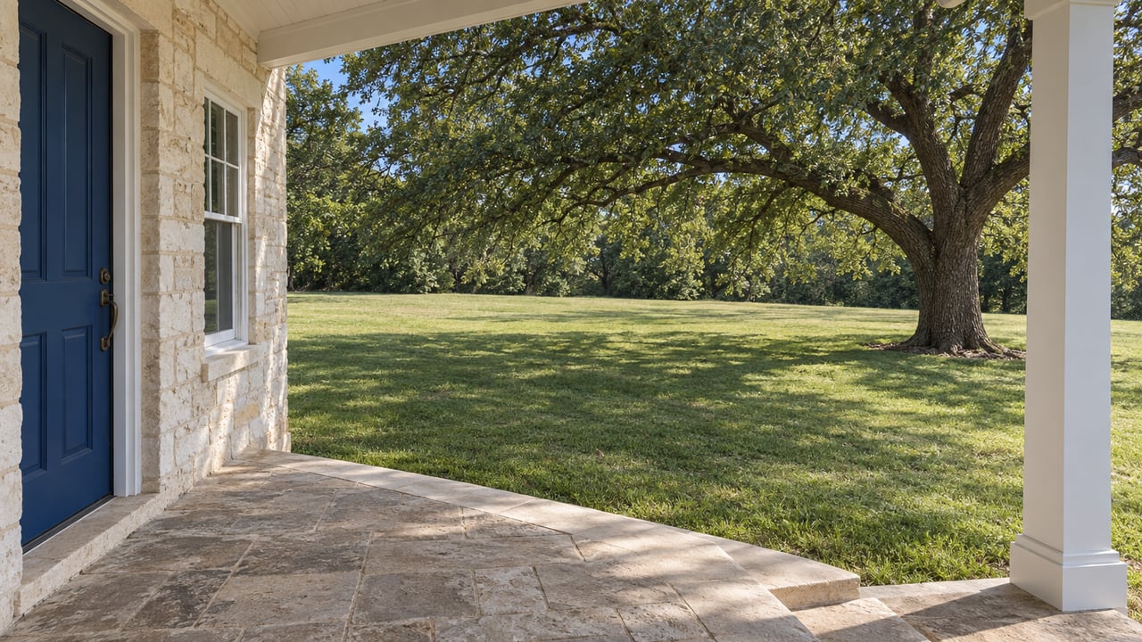 Blue front door and white porch column overlook a broad lawn beneath a spreading oak.