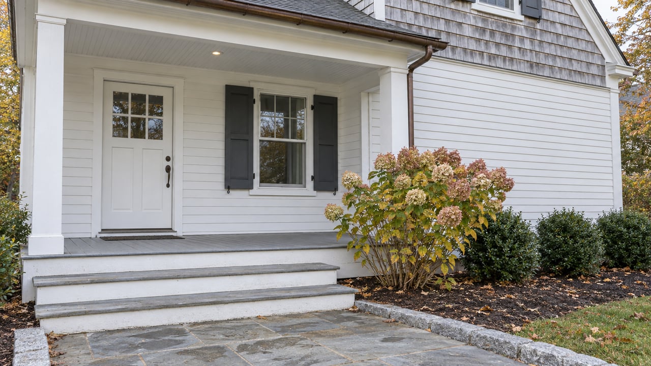 Weathered shingle and white clapboard cottage entrance with a covered porch, bluestone approach and autumn hydrangea.
