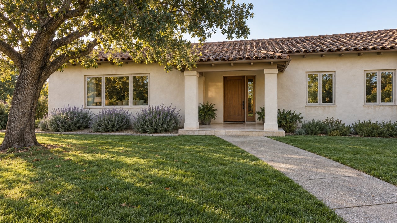 A broad single-story stucco home beyond a deep lawn, with clay roof tiles, an oak front door and a mature spreading oak beside the approach.