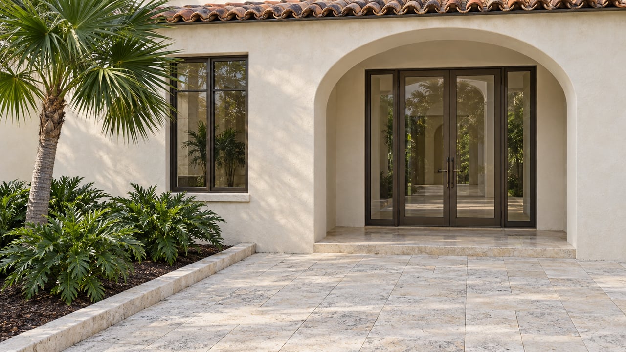 Cream stucco residence with an arched bronze-framed glass entry, limestone courtyard paving and one fan palm.