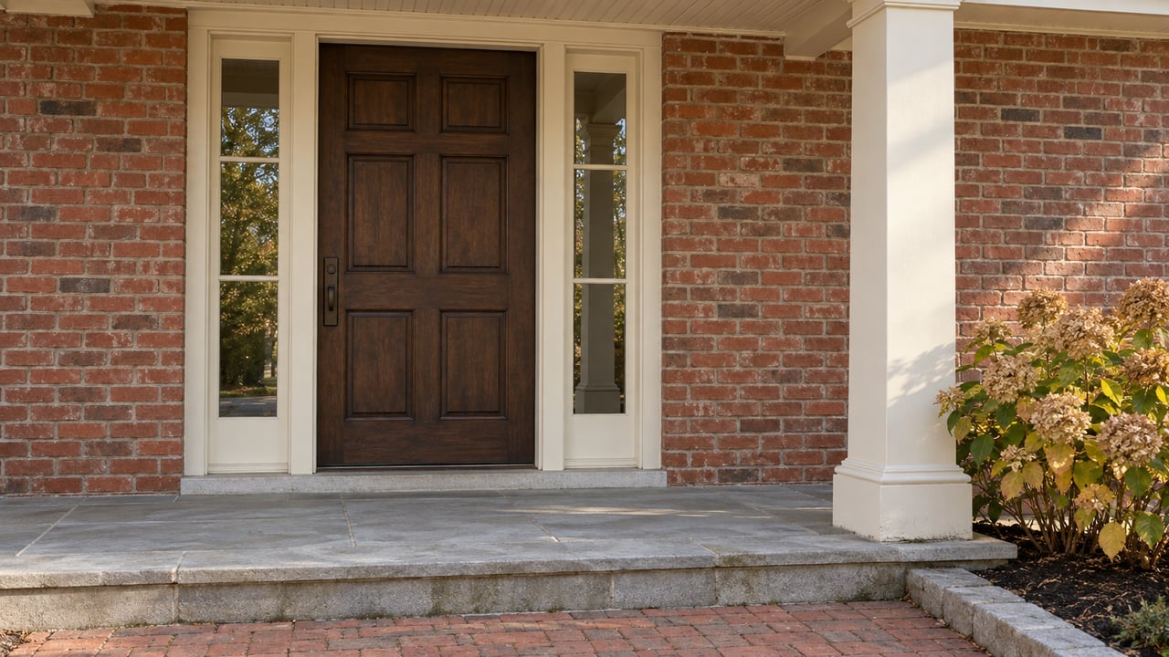 Covered entry with a dark oak door, paired sidelights, weathered red brick and limestone steps beside a hydrangea.