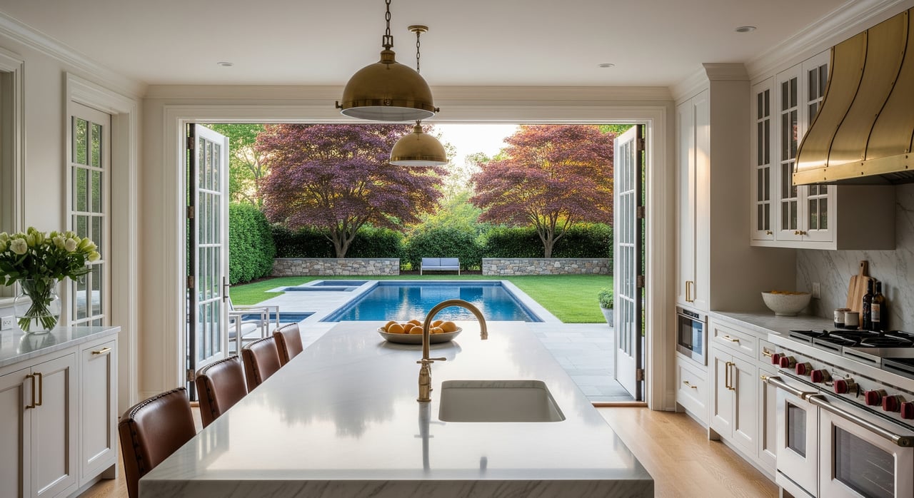 Bright white kitchen with a long island overlooking a blue swimming pool and purple-leaved trees.