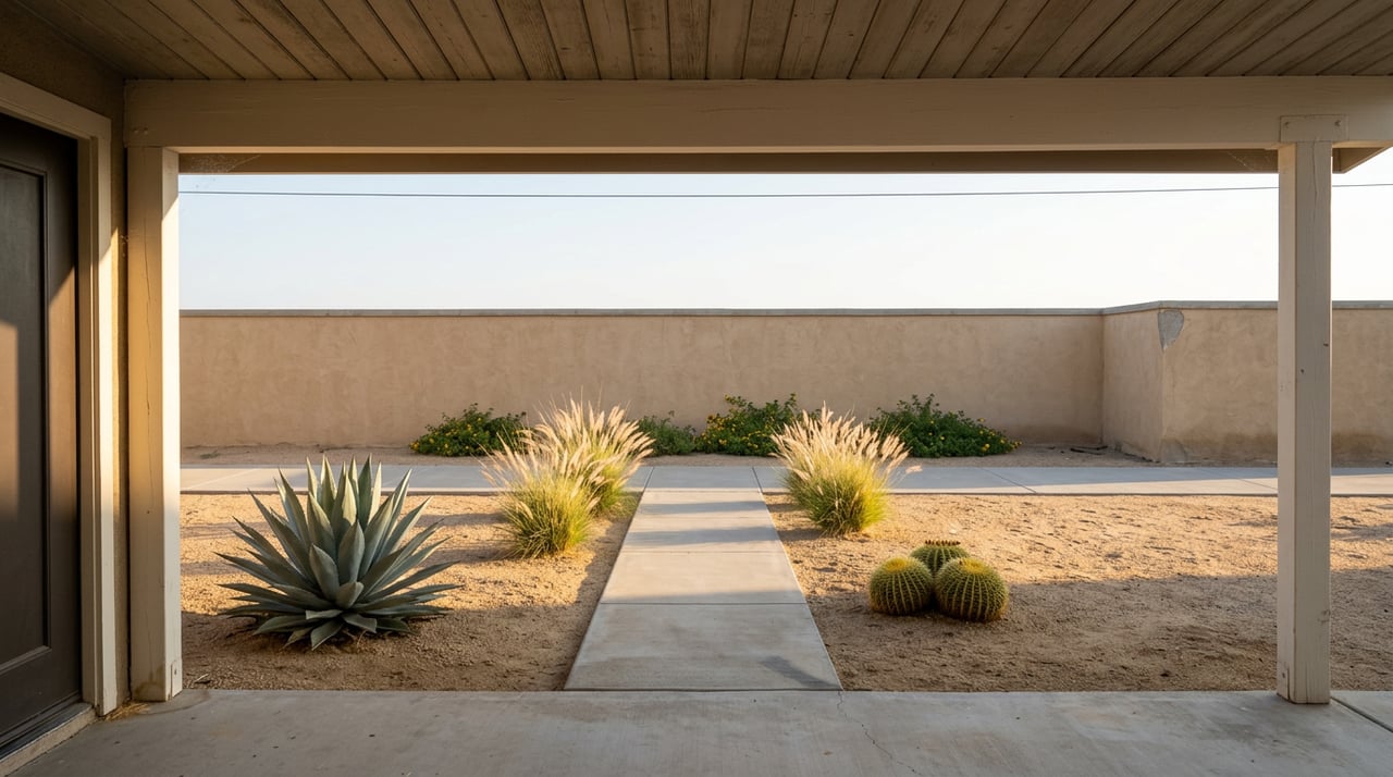 Covered porch frames a sunlit desert yard with a concrete walkway, agave, grasses, and golden barrel cacti.