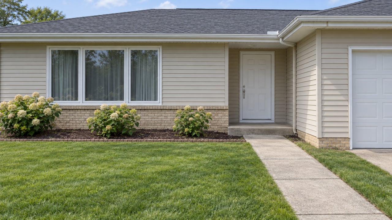A modest beige ranch home with white-framed windows, a sheltered entry, a deep green lawn and three flowering foundation shrubs.