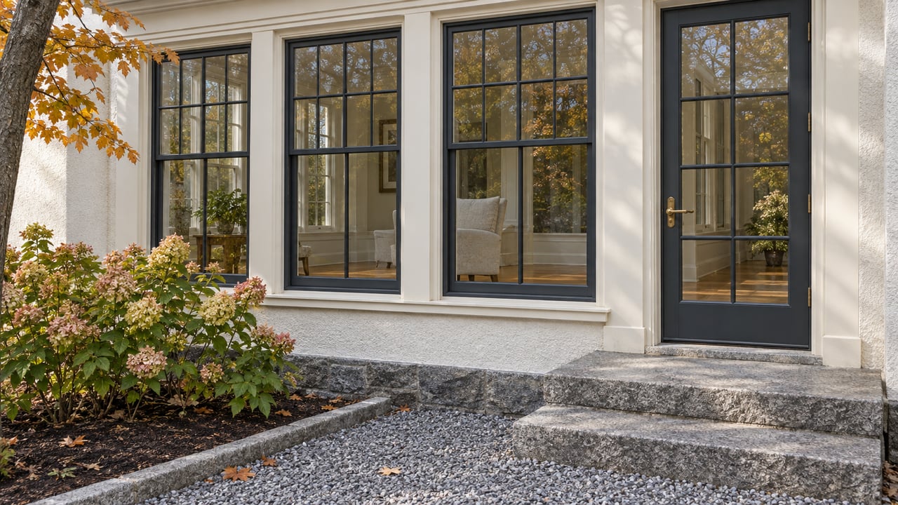An off-white stucco home with dark multipane sunroom windows, granite entry steps and autumn planting.